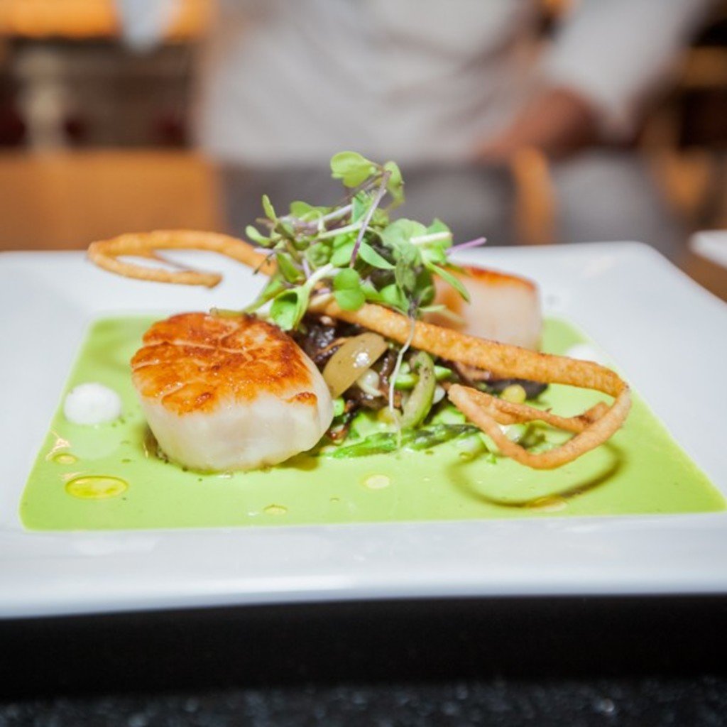 Elise Wiggin's winning dish: Seared Sea Scallops with Basil-Tarragon Nage at the 2013 Culinary Design Challenge. Photo by Mark Woolcott Photography