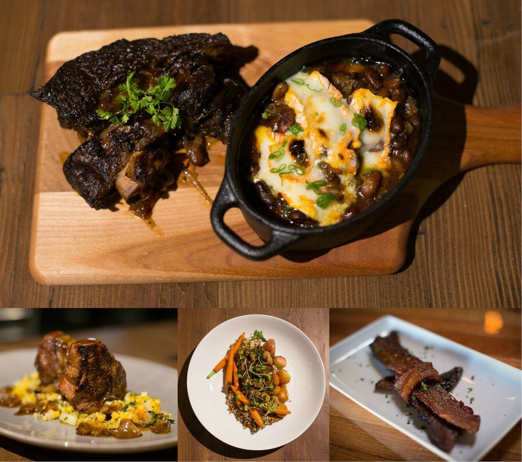 Top: Short Ribs. From left: Lamb T-bone, Fried Rice, Candied Bacon