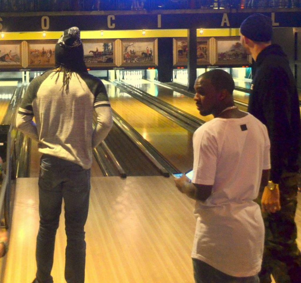 Ty Lawson, Kenneth Faried and JaVale McGee bowling at the Nuggets Social.
