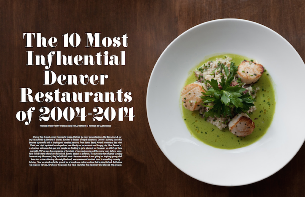 The "10 Most Influential Denver Restaurant" spread in 303's 10 Year Anniversary Print Issue. Photo by Glenn Ross.