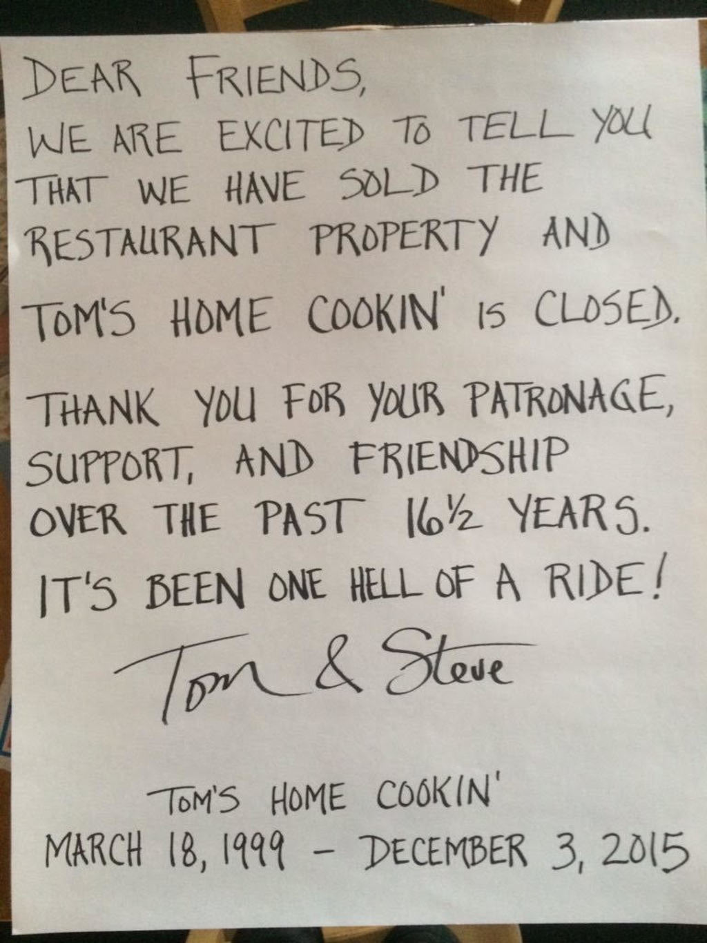tom's home cooking closed
