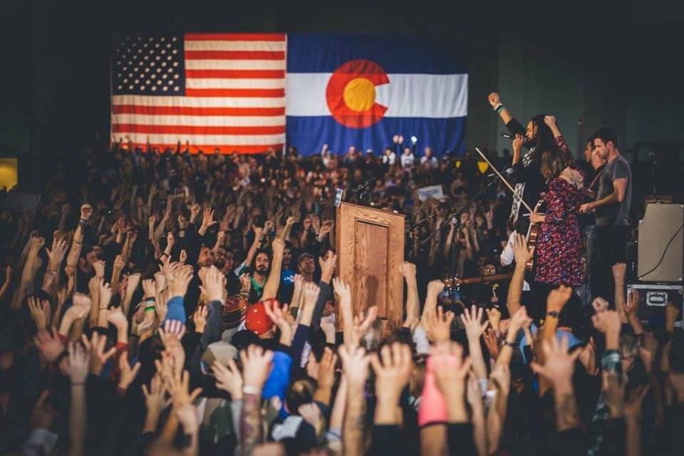 Flobots speak at a Colorado Bernie Sanders rally. Photo courtesy of Flobots on Facebook