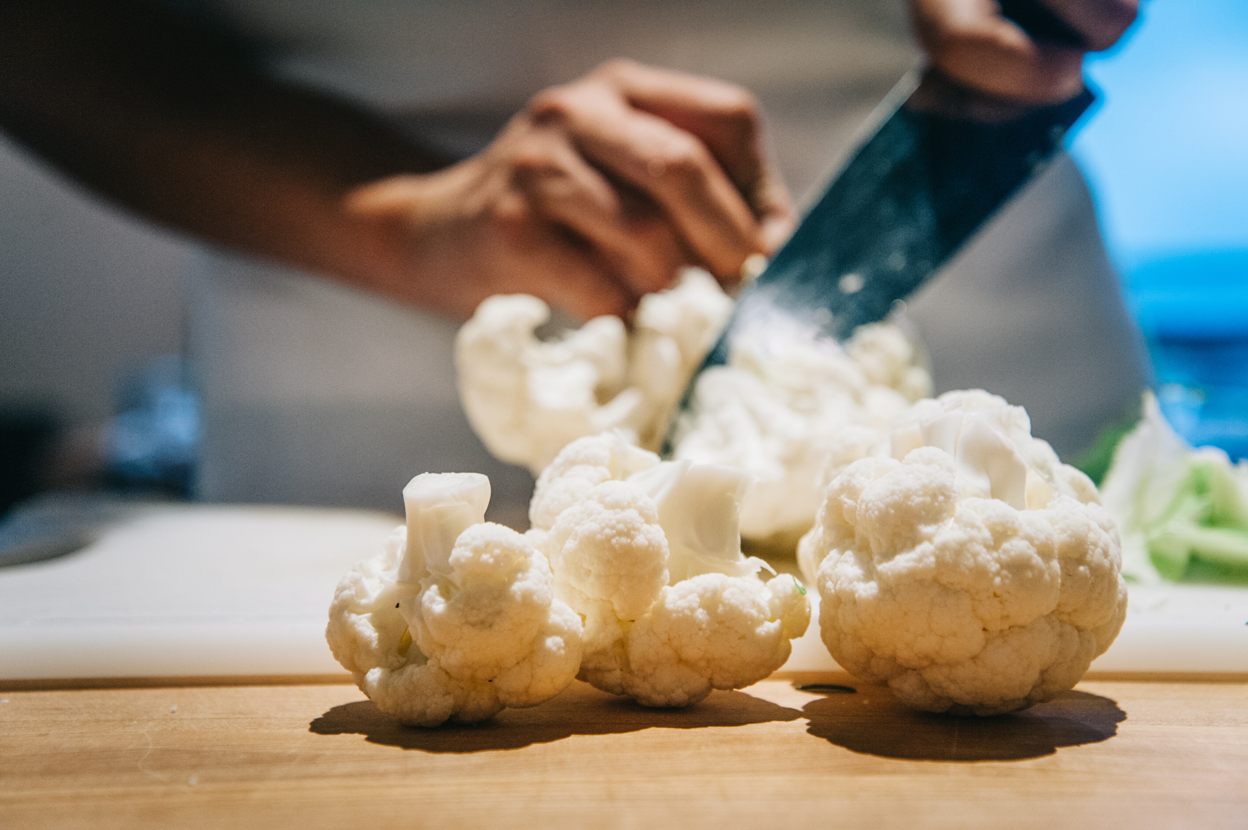 Dicing cauliflower for pizza toppings. 