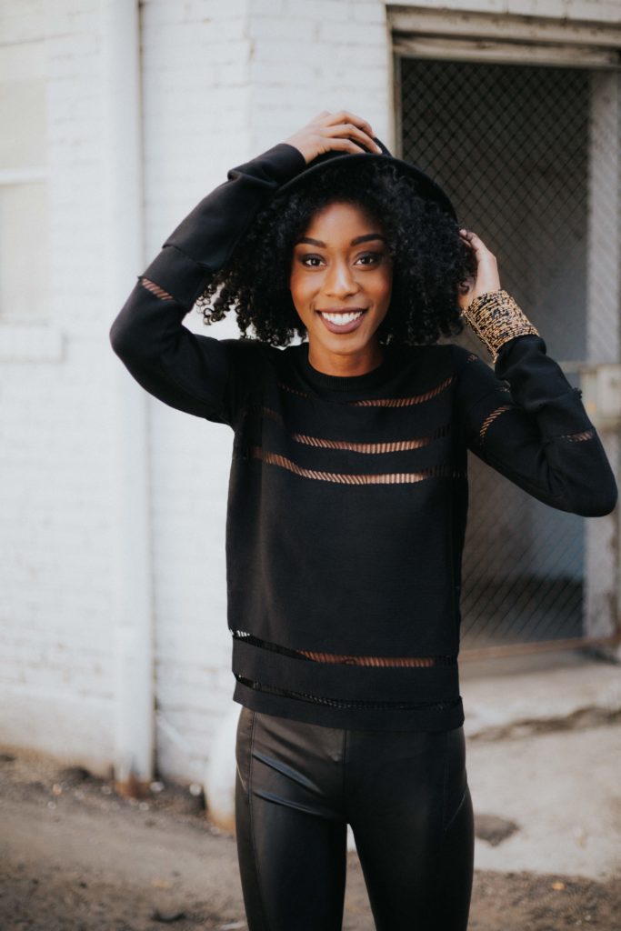 Asilio Killer Within knit sweater paired with seamless high rise leggings by David Lerner.