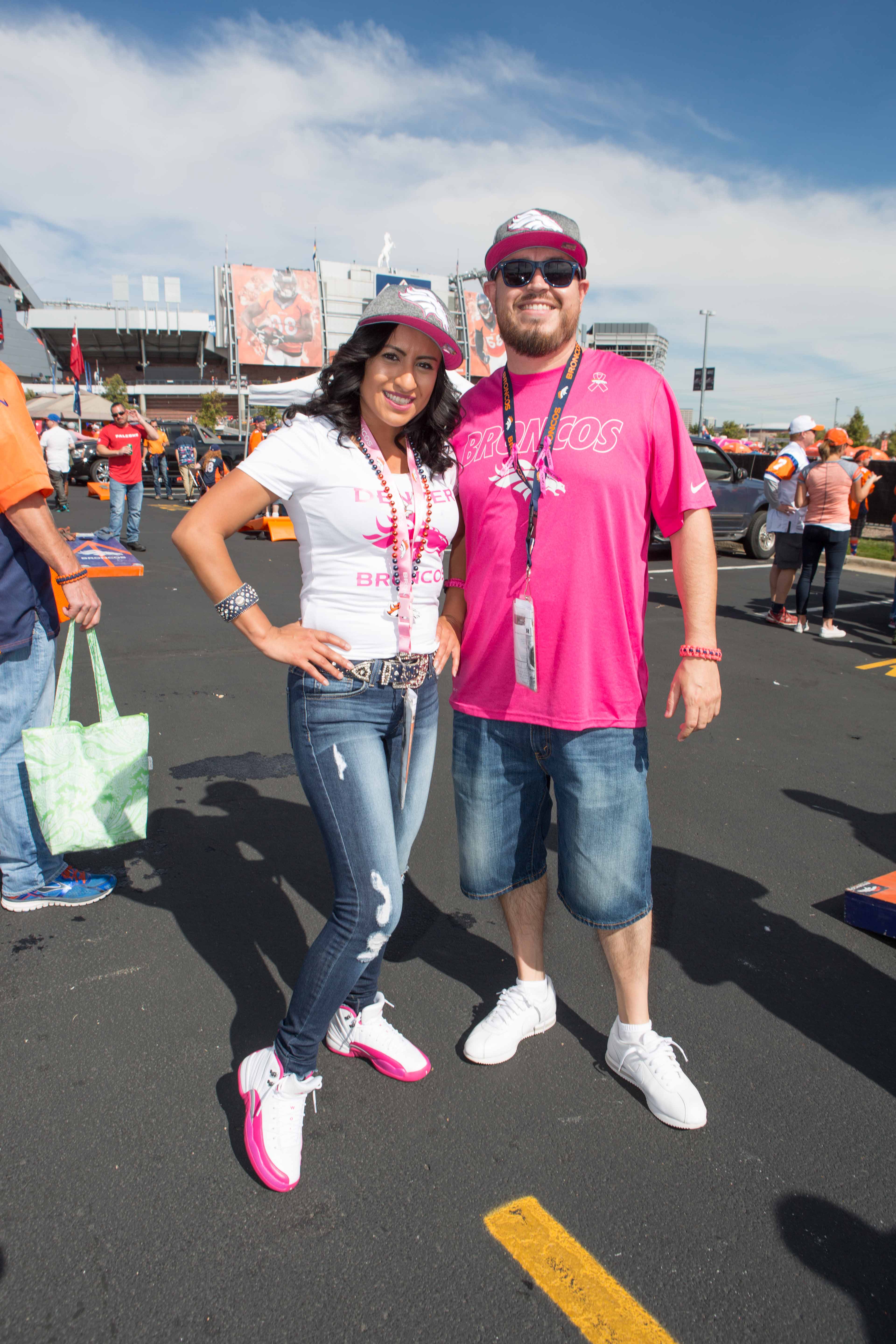 October is officially the NFL's breast cancer awareness month. Tailgaters Angelica and Dusty sported their 'pink-tober' outfits in support. 
