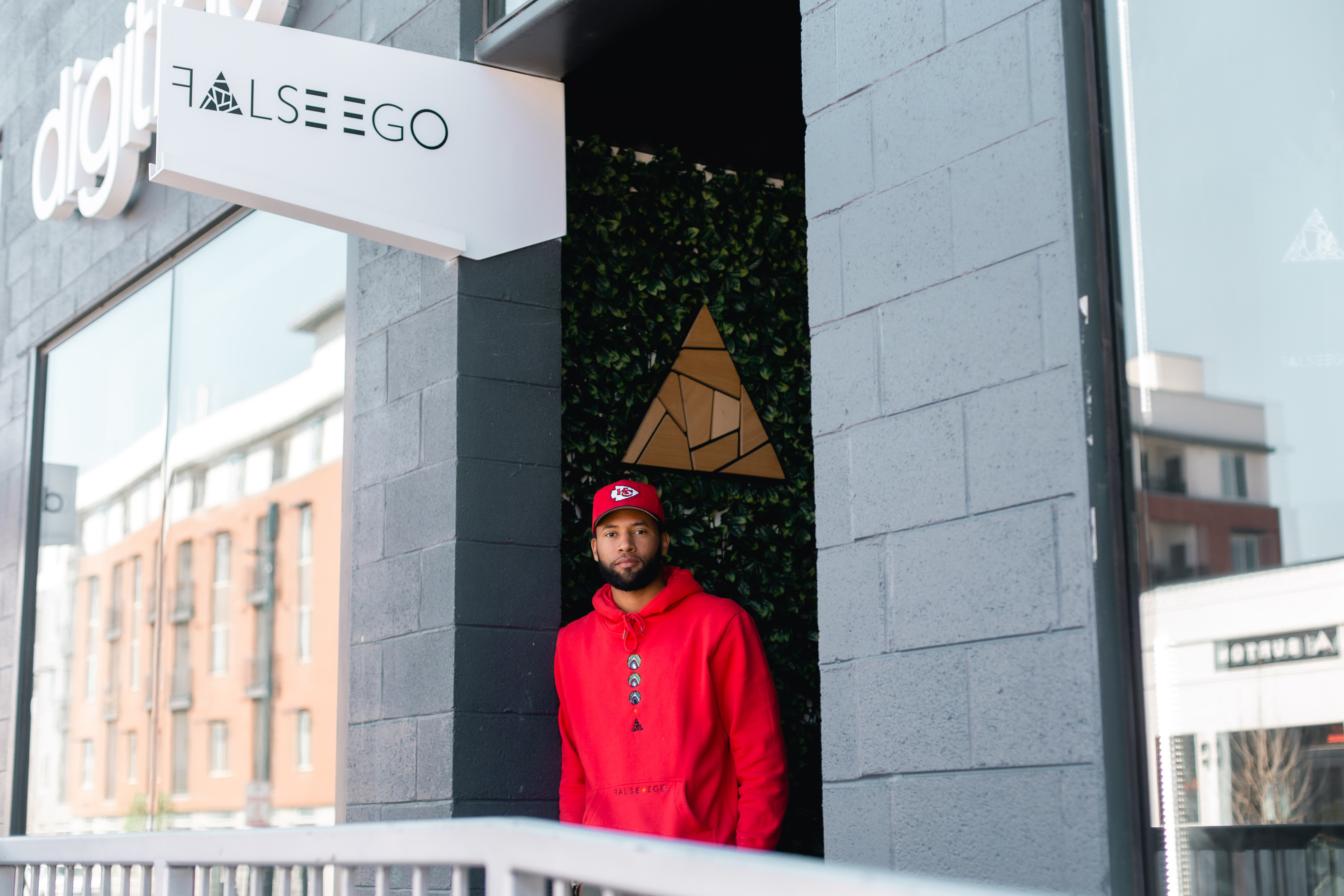 Photo of founder and CEO of False Ego, Jevon Taylor outside his Rino store