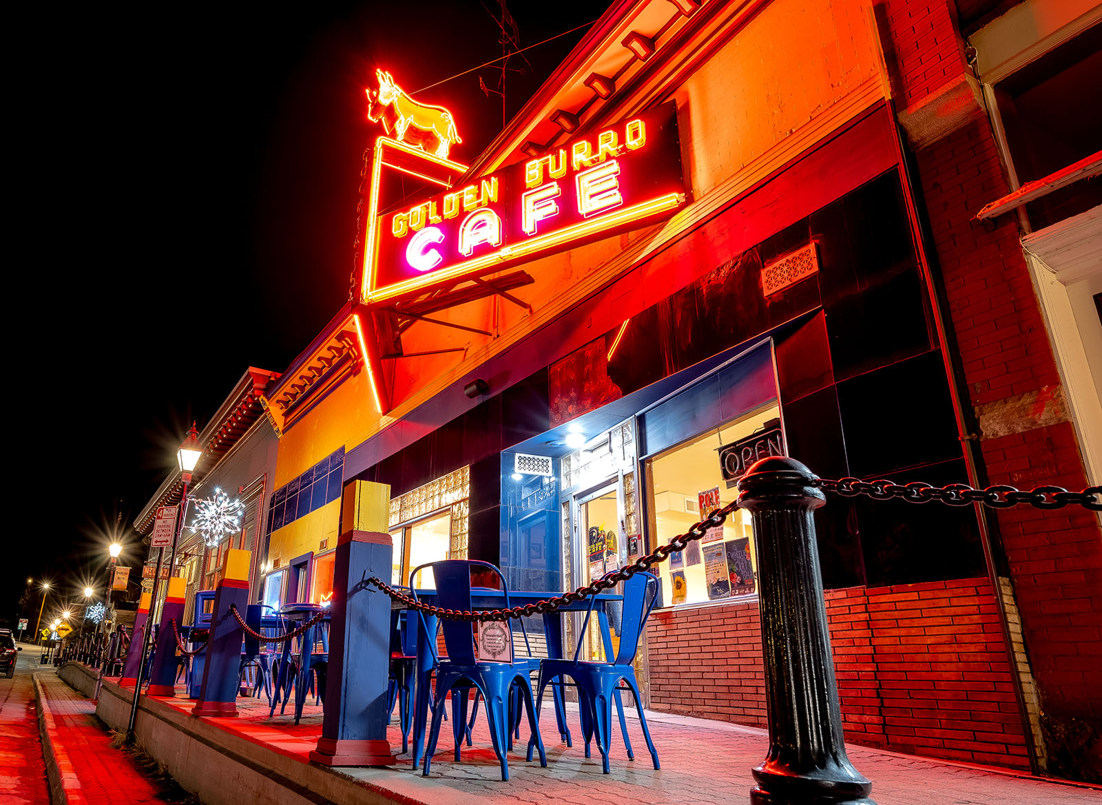 Historic Golden Burro Cafe at night