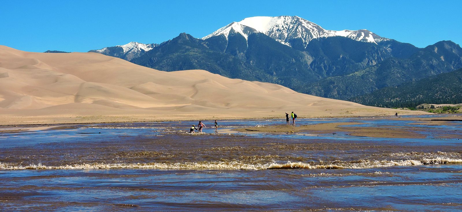 People play in a stream at Great Sand Dunes