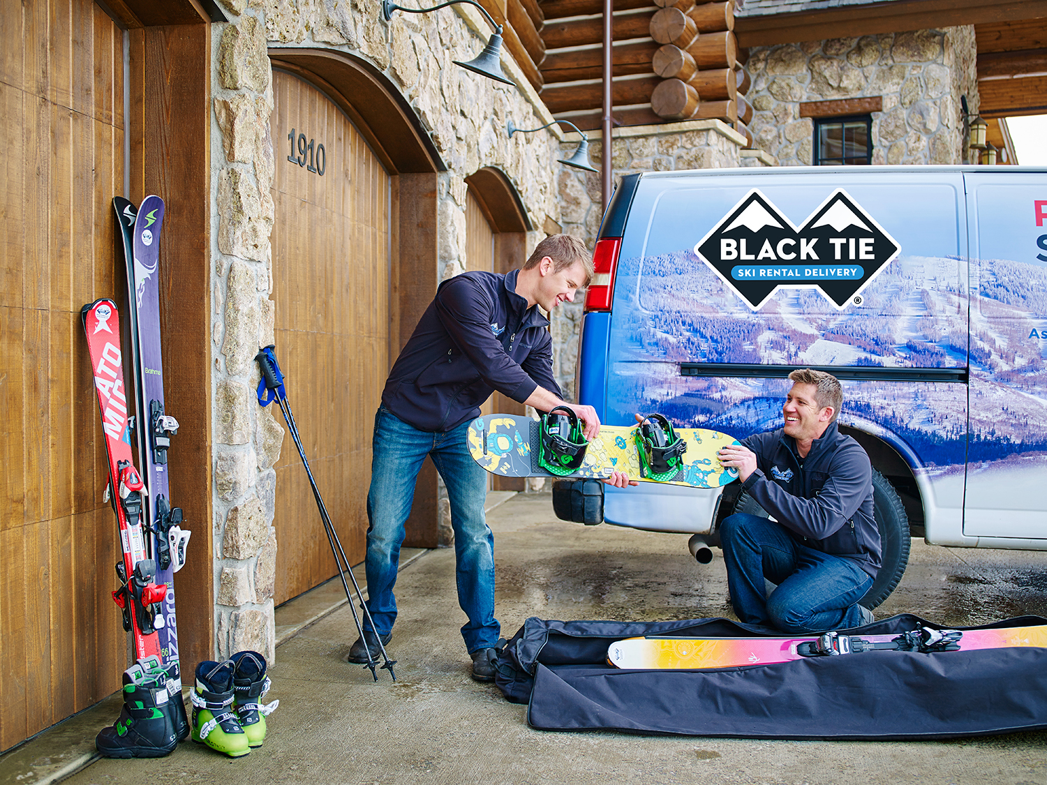 black tie skis delivery team with rental equipment 