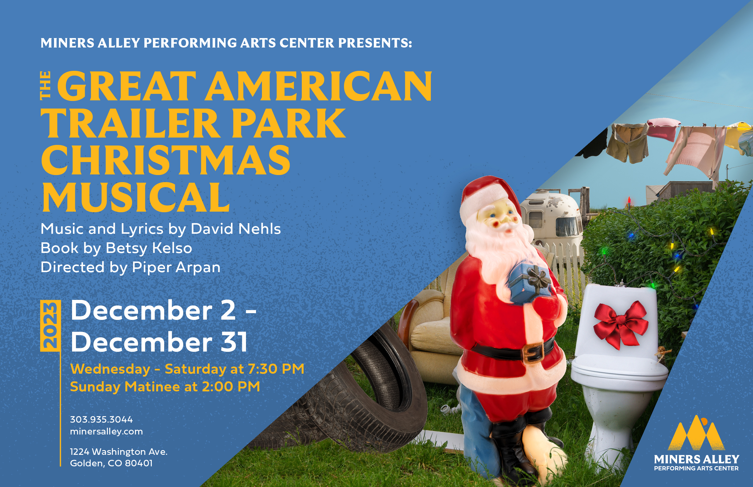 Santa, toilet, blue text, holiday-themed shows in Denver