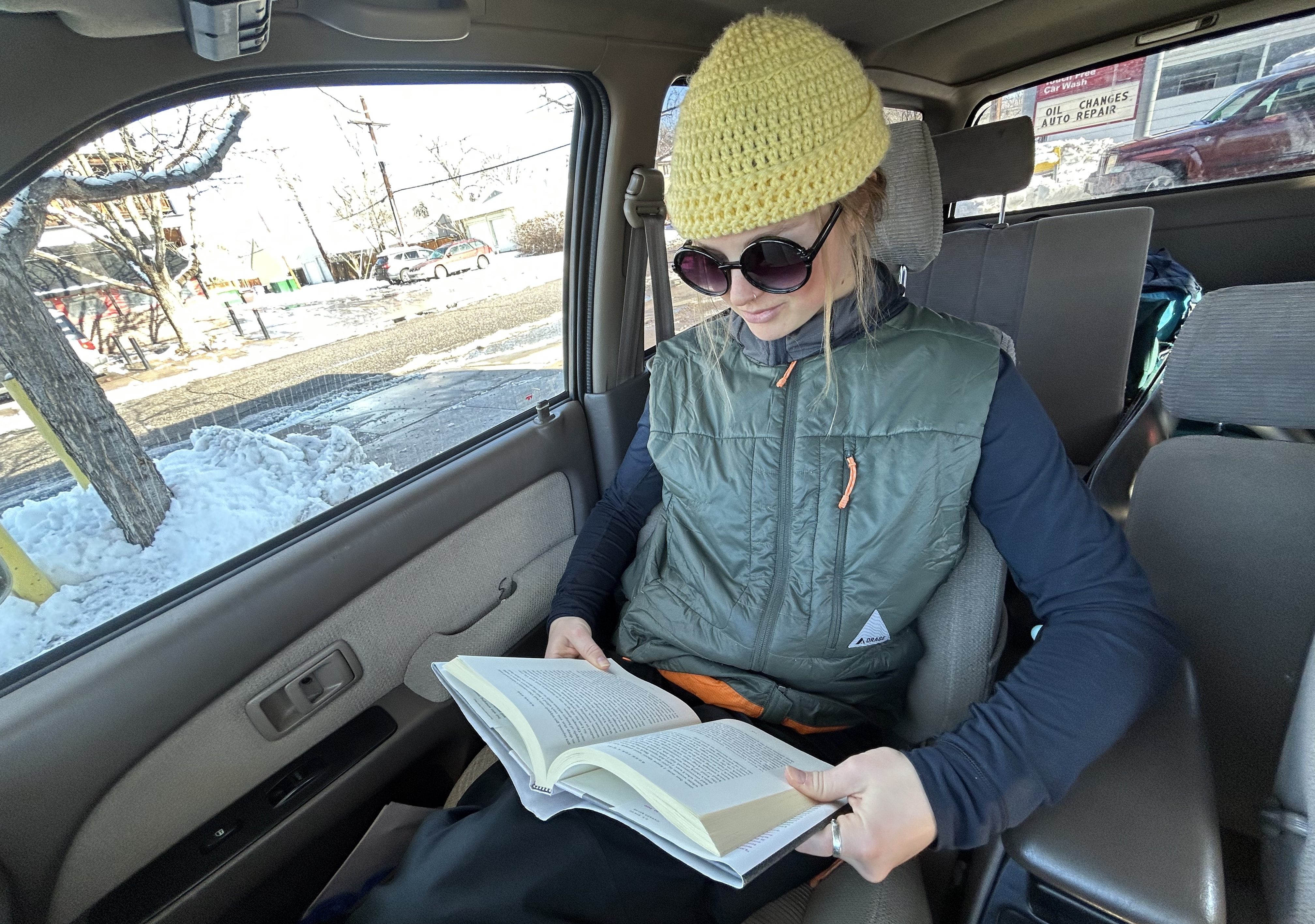 Reading in car during I-70 traffic in Colorado